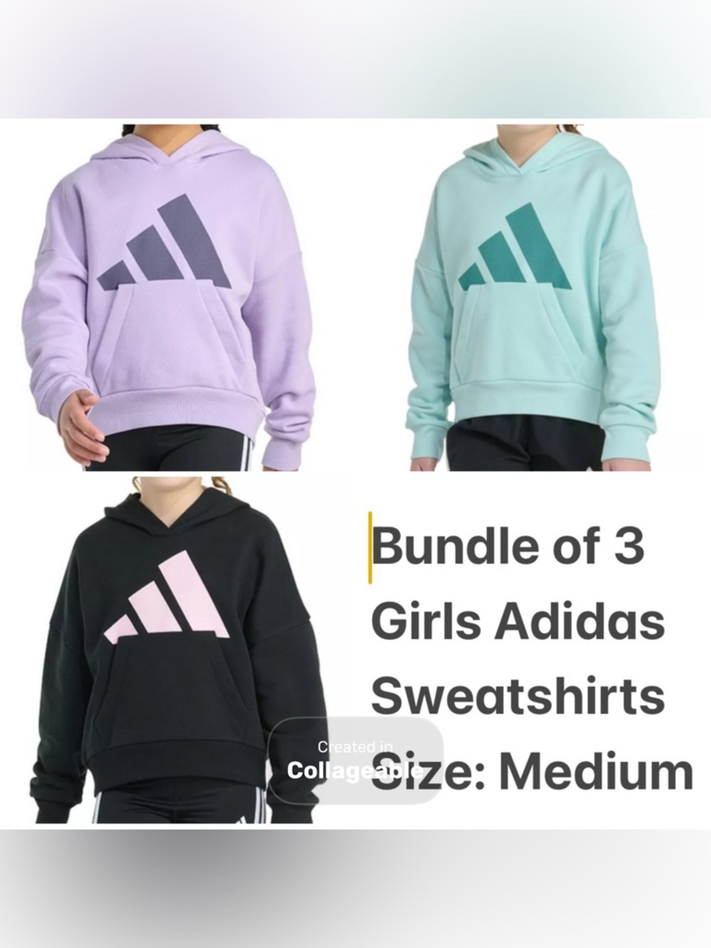 Bundle of Girls adidas Big Logo Graphic Hoodies! Purple, Mint Green & Black Med